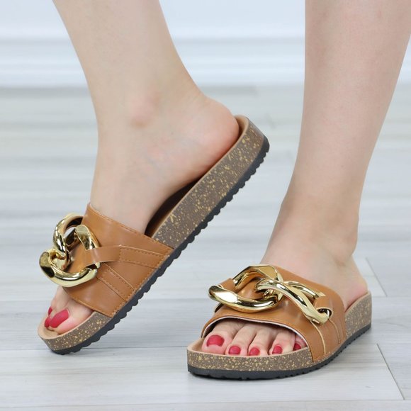 Tan Flat Slip On Sliders Sandal Trendy Comfort Lightweight Gold Hardware - Picture 9 of 12